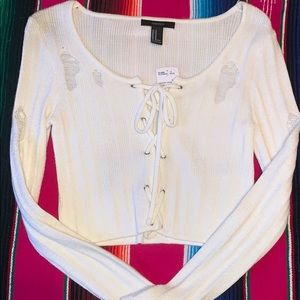 Distressed sweater lace up crop top